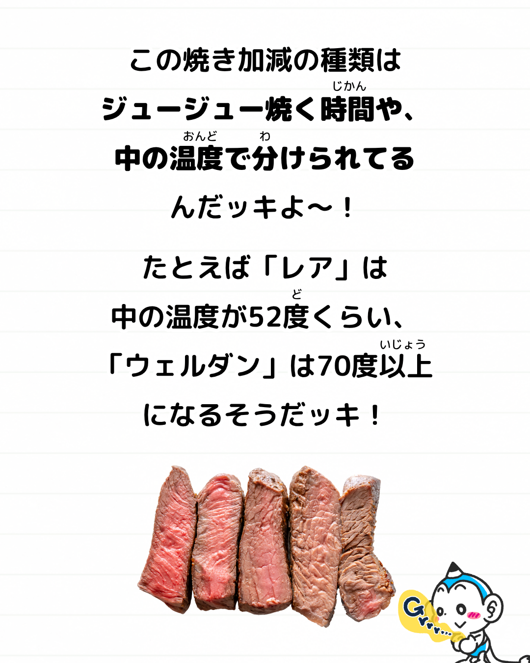 メモざる
豆知識
雑学
お肉
ステーキ
焼き加減
レア
ミディアム
ウェルダン
ブルー