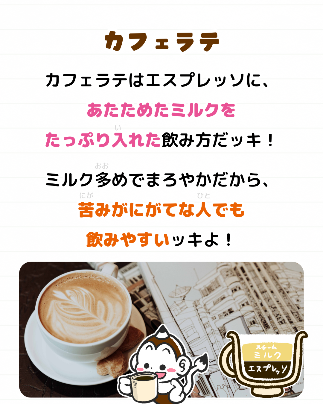 コーヒー 雑学 メモざる 種類 飲み方 エスプレッソ アメリカーノ カフェラテ カプチーノ カフェモカ 違い