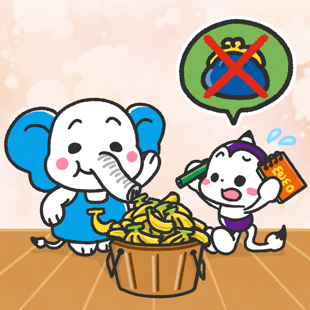 財布を忘れたメモざるに、メモゾウさんが笑顔で声をかける